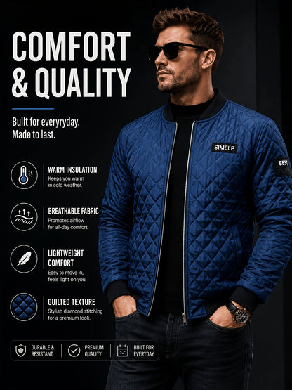 Men's Quilted Bomber Jacket with Ribbed Collar for Fall/Winter