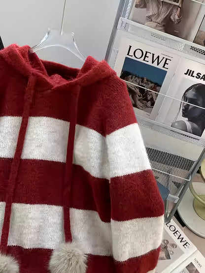 Women's Burgundy & Striped Hooded Sweater - Winter Warm Korean-Style Oversized Sweater Vest-like Pullover with Hood, Soft Sweater Jacket for Fall/Winter Layering (Machine Washable) - Elegant Casual Outerwear