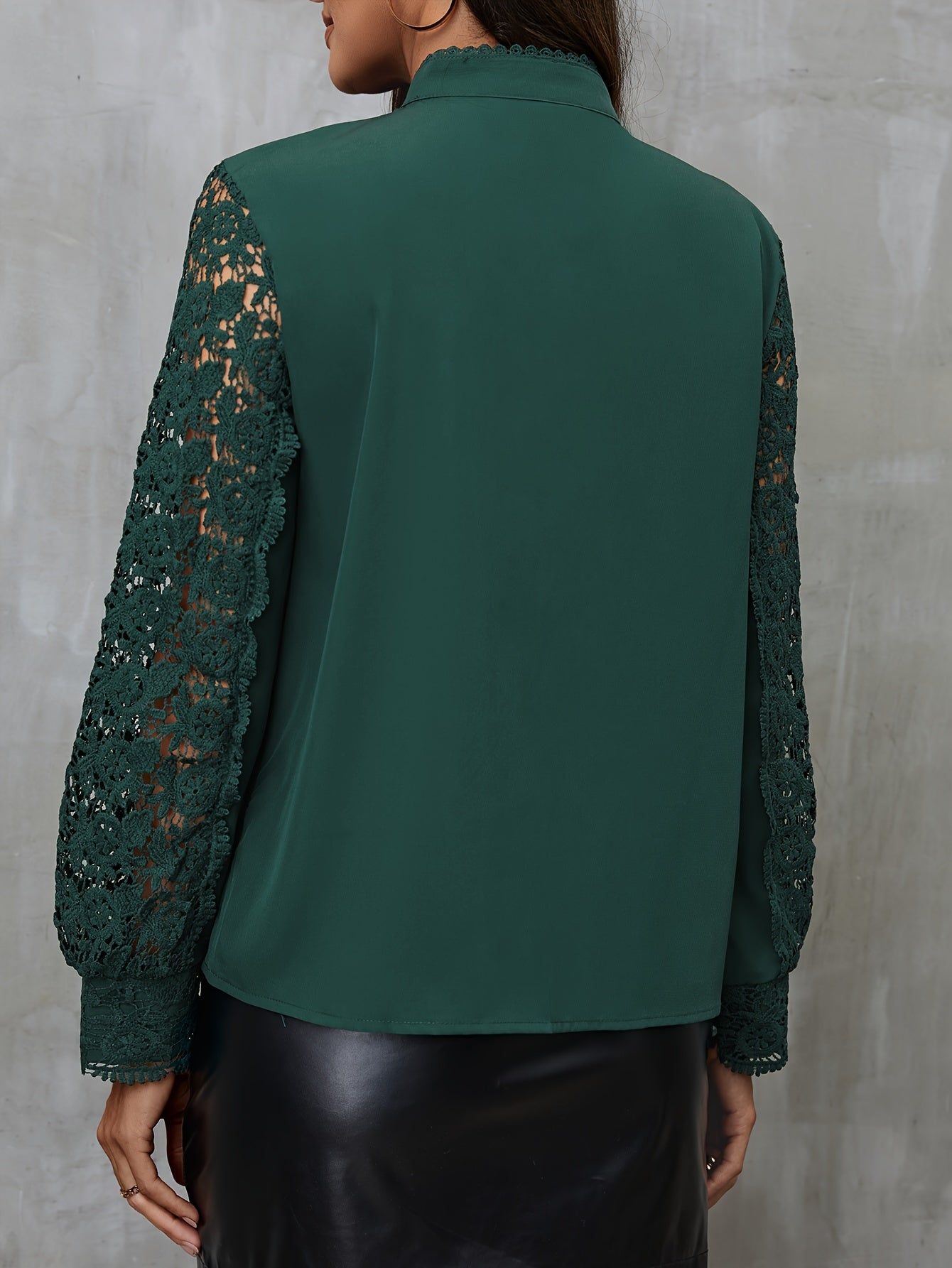 Solid Contrast Lace Blouse, Elegant Mandarin Collar Long Sleeve Blouse, Women's Clothing