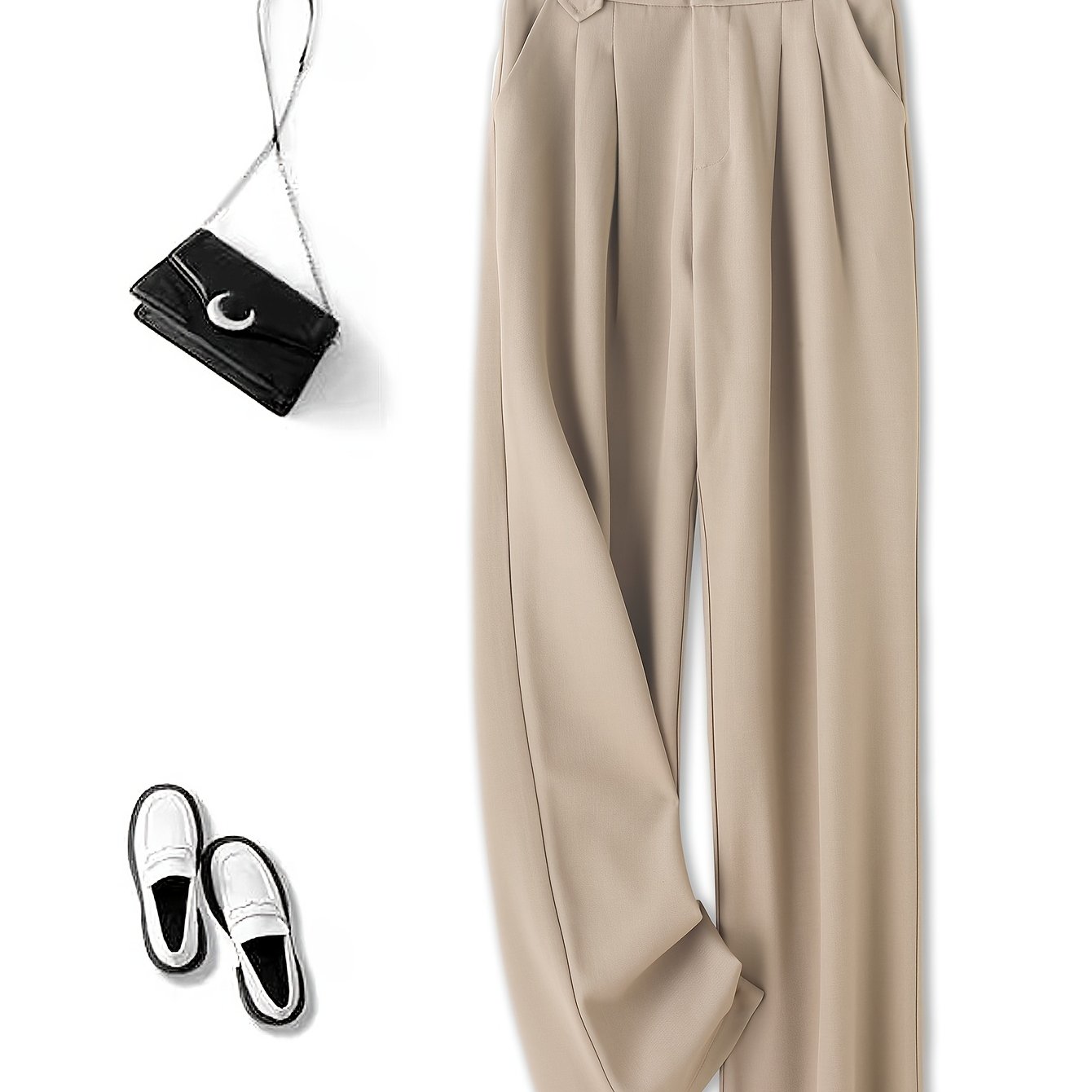 1pc Women'S High-Waist Casual Wide-Leg Trousers, Solid Color, Regular Fit Long Pants, Polyester Twill Fabric, with Button Closure for Work and Leisure - Seasonal Fashion