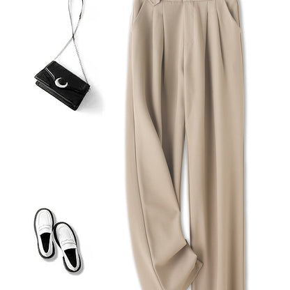 1pc Women'S High-Waist Casual Wide-Leg Trousers, Solid Color, Regular Fit Long Pants, Polyester Twill Fabric, with Button Closure for Work and Leisure - Seasonal Fashion