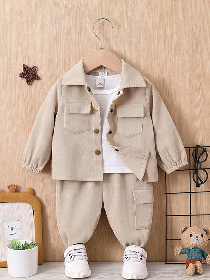 2pcs Boys' Casual Outfit Set - Light Gray Polyester Cargo Pants & Button-Up Shirt with Pockets, Machine Washable - Perfect for Fall/Winter, Autumn Toddler Outfit|Cargo Pants Outfit|Functional Pockets Design, Perfect for Outdo