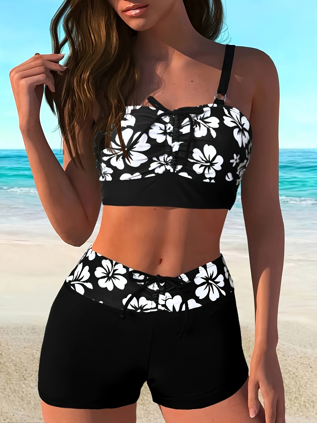 Women's Black & White Cherry Blossom Two-Piece Swimsuit with Adjustabl