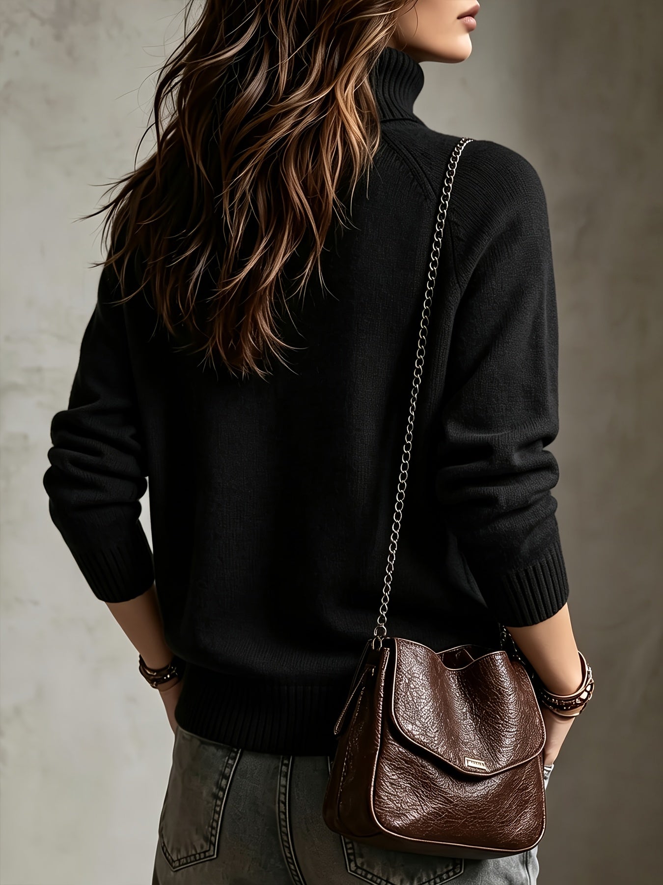 Women's Autumn Winter Wool Blend High-Neck Pullover Sweater