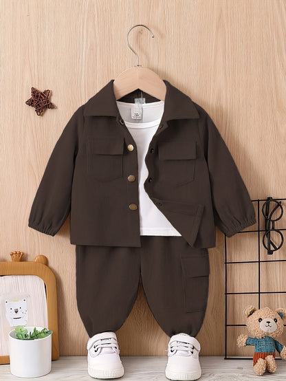 2pcs Boys' Casual Outfit Set - Light Gray Polyester Cargo Pants & Button-Up Shirt with Pockets, Machine Washable - Perfect for Fall/Winter, Autumn Toddler Outfit|Cargo Pants Outfit|Functional Pockets Design, Perfect for Outdo