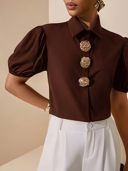 Women's Elegant Solid Color Puff Sleeve Shirt with Metal Buttons