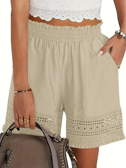 Solid Tassel Hem Loose Shorts, Vacation Paper Bag Waist Summer Shorts, Women's Clothing