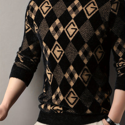 Maqiqi OBM Men's New Autumn/Winter Knit Pullover, Plaid Pattern Men's Sweater with Letter Decoration, Faux Mink Fur Round Neck Long Sleeve Men's Top, Soft and Comfortable Fabric, Suitable for Casual Outings, Men's Gift