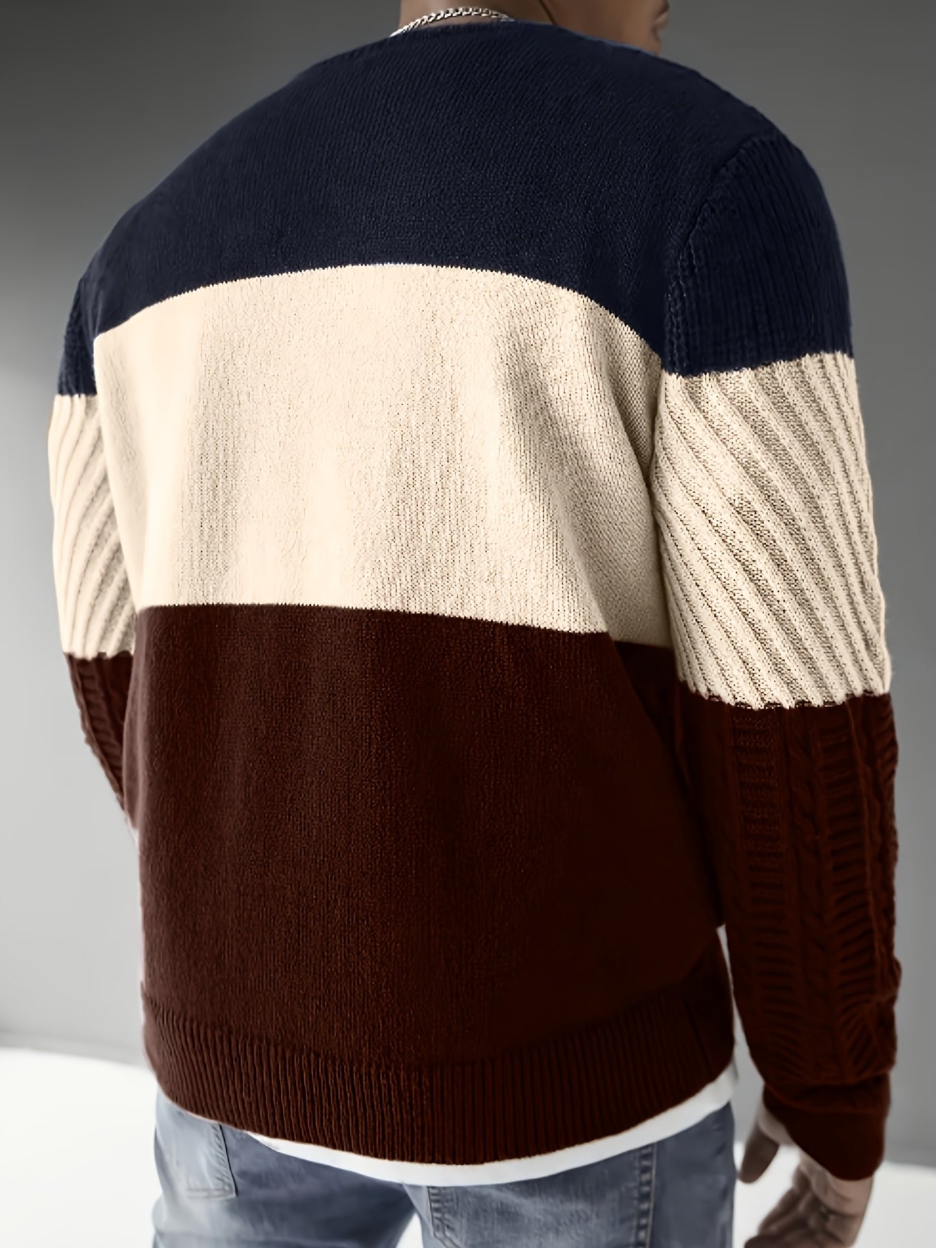 Տղամարդկանց աշնանային և ձմեռային նորաձև հագուստ, նորաձև առօրյա գունային բլոկներով տրիկոտաժե սվիտեր՝ բազմաֆունկցիոնալ կլոր վզով, երկար թևքերով դիզայնով