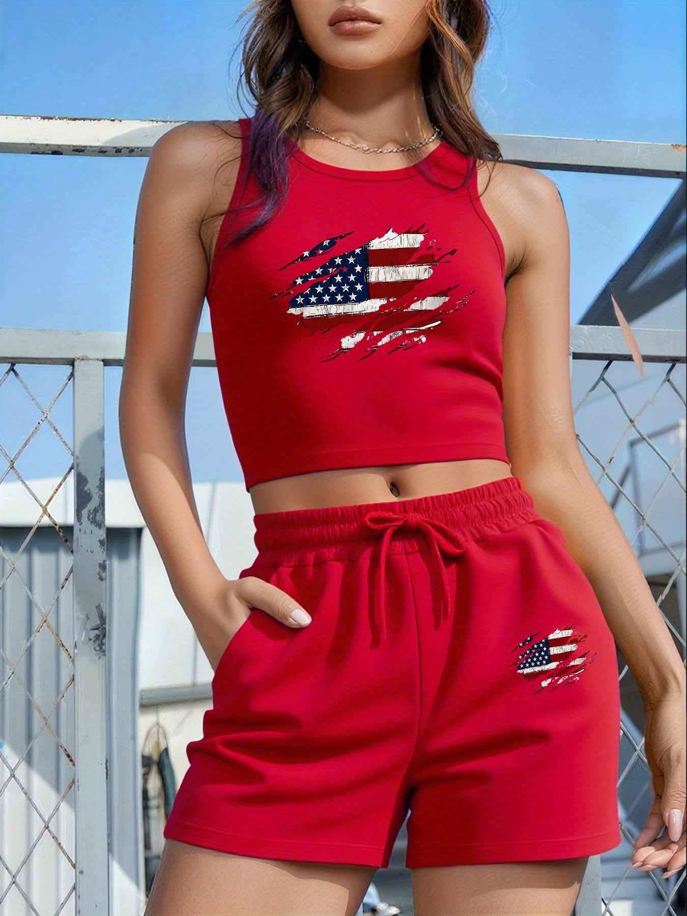 Women's Casual Two-Piece Set with English Print & Slanted Pockets