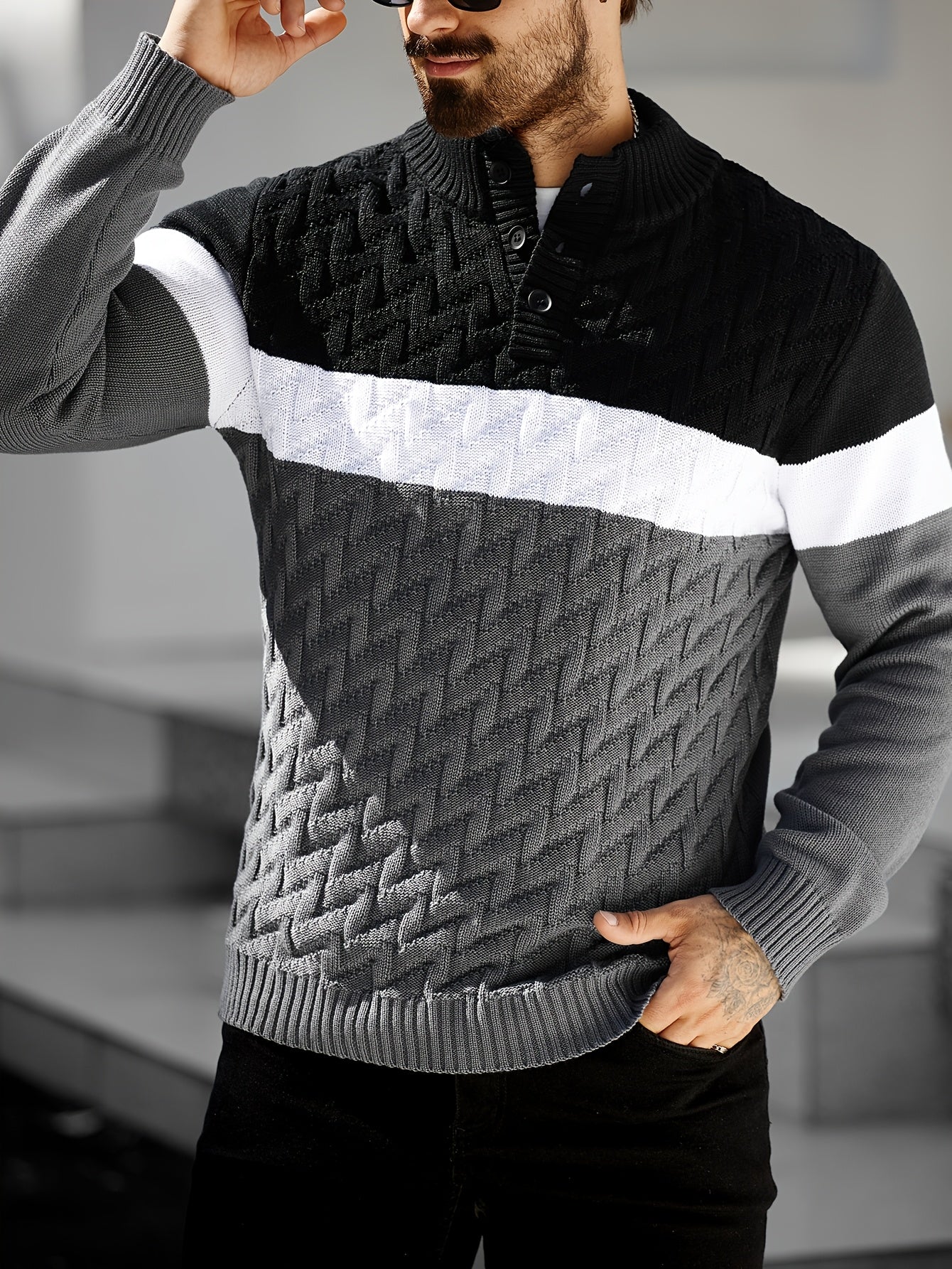 Տղամարդու կանգնած օձիքով սվիտեր | Առօրյա նորաձև քառորդ կոճակով կարված տրիկոտաժե հագուստ երկրաչափական նախշերով, երկար թևքերով, սովորական չափսի՝ աշուն/ձմեռ համար