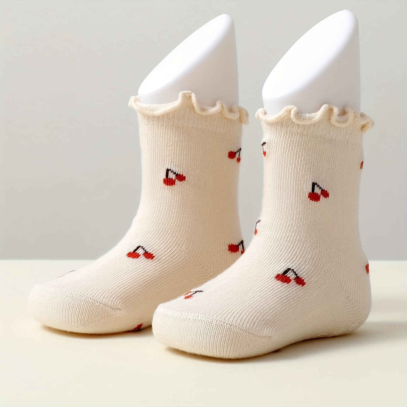 5 Pairs of Baby Girls Solid Color Four Seasons Jacquard Short Socks with Wooden Ears And Glue for Anti-Slip