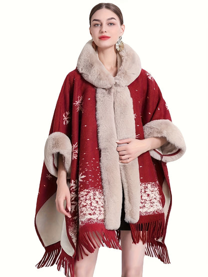 Մեծ չափսի կանացի էլեգանտ կարմիր և բեժ Սուրբ Ծննդյան թիկնոց - գլխարկով ձմեռային թիկնոց, ոչ ձգվող գործվածքով, տոնական երեկույթների, Նոր տարվա գիշերվա, ամենօրյա ձմեռային հանդերձանքների համար - էլեգանտ հատուկ գիծ, ​​սեզոնային նորաձևություն, ոճային եռանկյունաձև