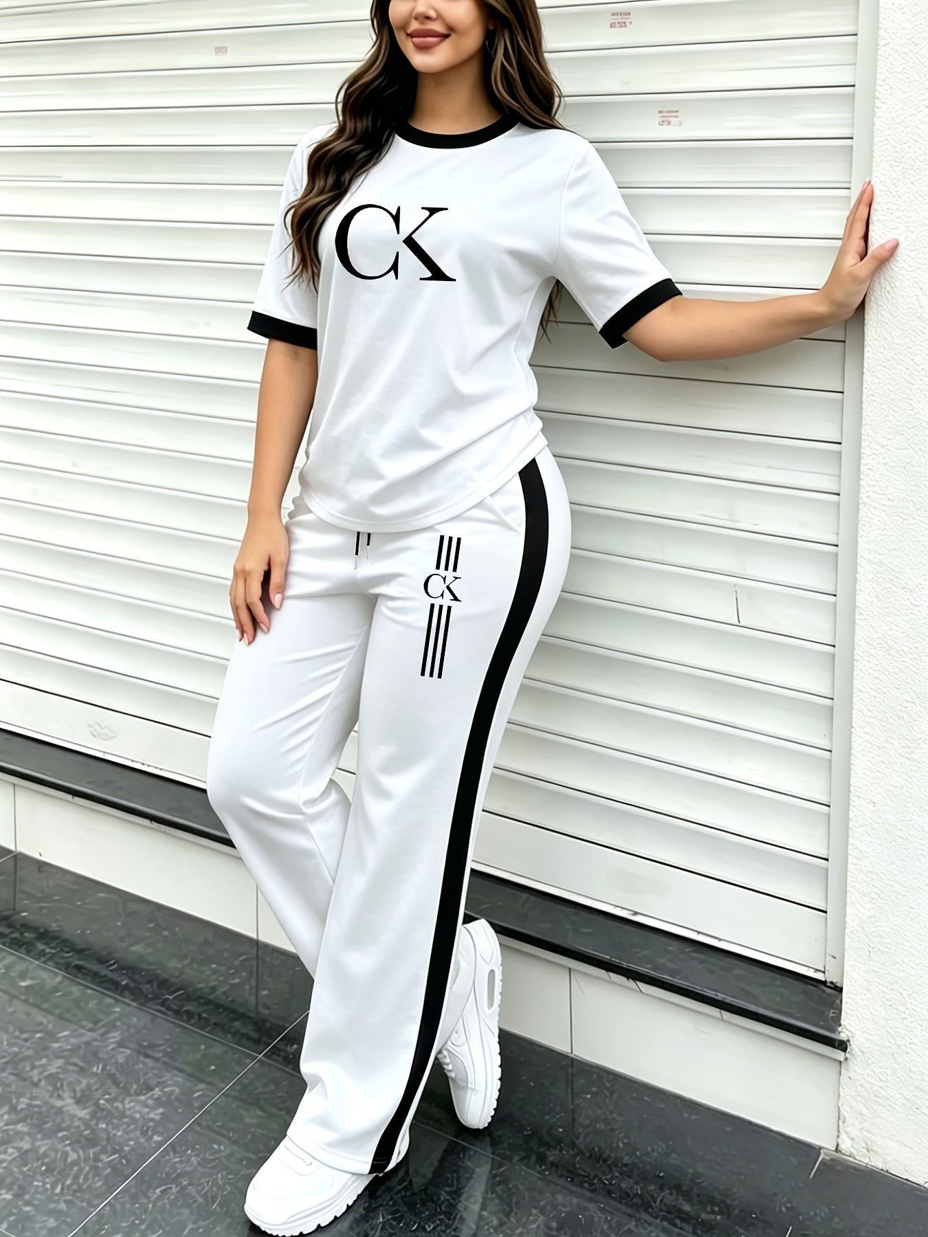 Women's Casual Summer 2-Piece Set with Ringer Neck Top & Wide-Leg Pant