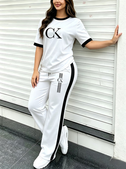Women's Casual Summer 2-Piece Set with Ringer Neck Top & Wide-Leg Pant