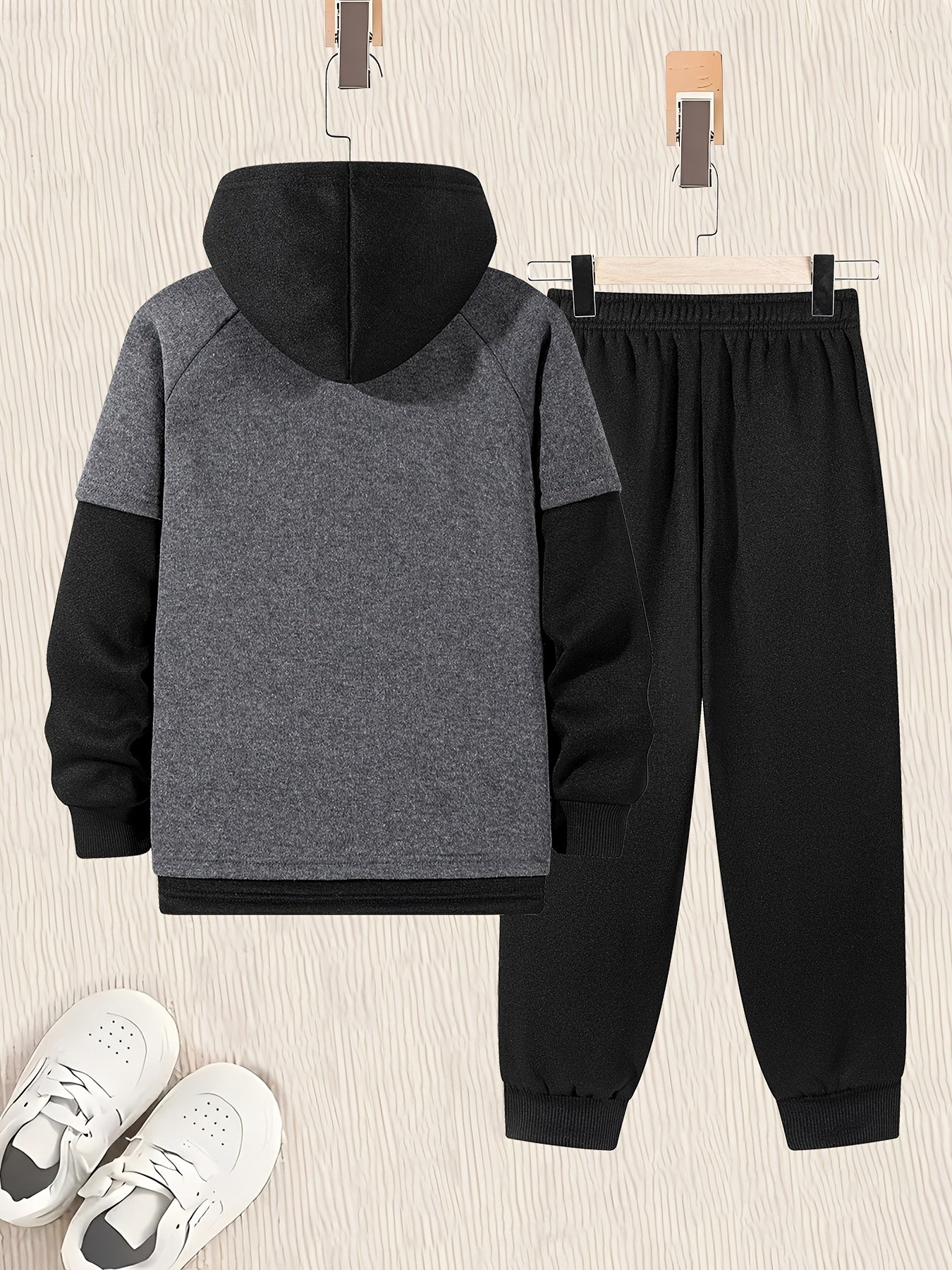 2pcs Boys' Oversized Hooded Sweatsuit & Jogger Pants Set with Letter Print - Beige & Brown Casual Winter Outfits, Thick Warm Fabric, Machine Washable, Pockets, Elastic Waist & Cuffed Hem for Play & Casual Attire - Ideal for L