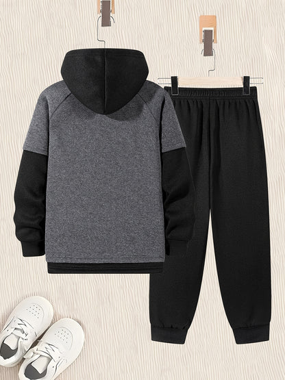 2pcs Boys' Oversized Hooded Sweatsuit & Jogger Pants Set with Letter Print - Beige & Brown Casual Winter Outfits, Thick Warm Fabric, Machine Washable, Pockets, Elastic Waist & Cuffed Hem for Play & Casual Attire - Ideal for L