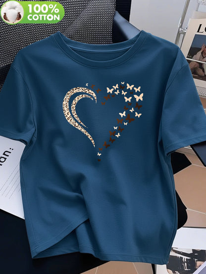 Women's Casual Cotton T-Shirt with Heart Butterfly Applique
