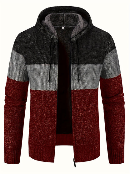 Men'S Fleece-Lined Hooded Sweater | 100% Polyester Knit | Mature Style | Striped Pattern | Long Sleeve | Regular Fit Hoodie with Medium Stretch Fabric | Casual Autumn & Winter Outerwear