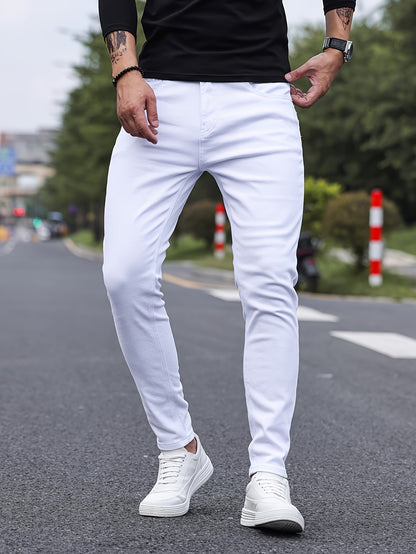 Slim Fit Chic Jeans, Men's Casual Street Style All Match Stretch Denim Pants With Pockets