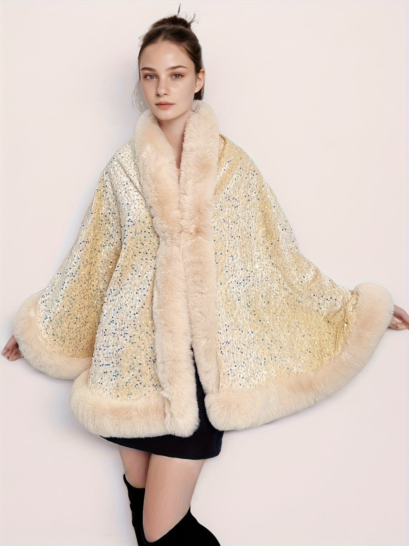 Մեծ չափսի կանացի էլեգանտ շալ-թիկնոց-պոնչո - շքեղ շագանակագույն թիկնոց՝ փայլուն հմայքով, խիտ ձմեռային վերարկու երեկույթների, պաշտոնական միջոցառումների համար՝ չձգվող գործվածք, հեշտ խնամվող էլեգանտ փաթաթան ամենօրյա հատուկ առիթների համար, երեկույթի հագուստ, C