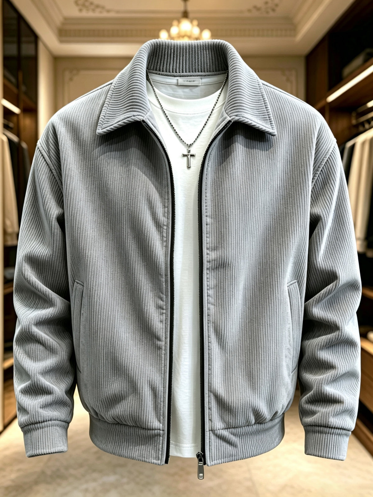 Men's Lightweight Fall Jacket with Lapel Collar and Zipper