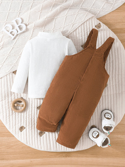 2pcs, Newborn Boy's Long Sleeves High Neck Bear Applique Top & Pocket Overalls Set For Leisure & Outdoor Activities, Meticulously Crafted For Fall And Winter, Outdoor Cloth
