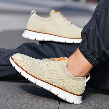Men's Breathable Knit Business Casual Shoes - Beige with Brown Accents, Lace-Up, EVA Sole, Round Toe, Versatile for All Seasons, Dressy Shoes