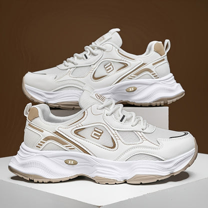 Men'S 2025 New Fashionable Low-Top Sneakers with Thick Sole - Non-Slip, Outdoor Casual Shoes for Teenagers and Young Adults, White and Golden Accents, All-Season Comfort, Casual Footwear   Modern Sneaker Design   Rubber Base