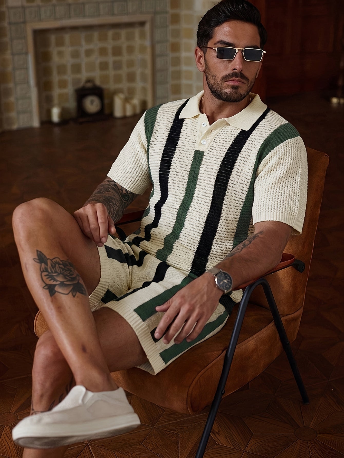 Men's Casual Striped Knit Short Sleeve T-Shirt & Shorts Set