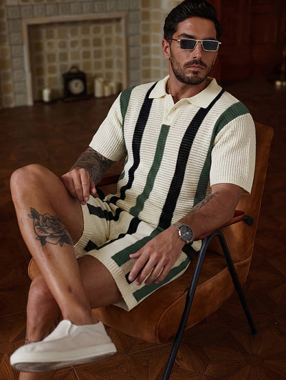 Men's Casual Striped Knit Short Sleeve T-Shirt & Shorts Set