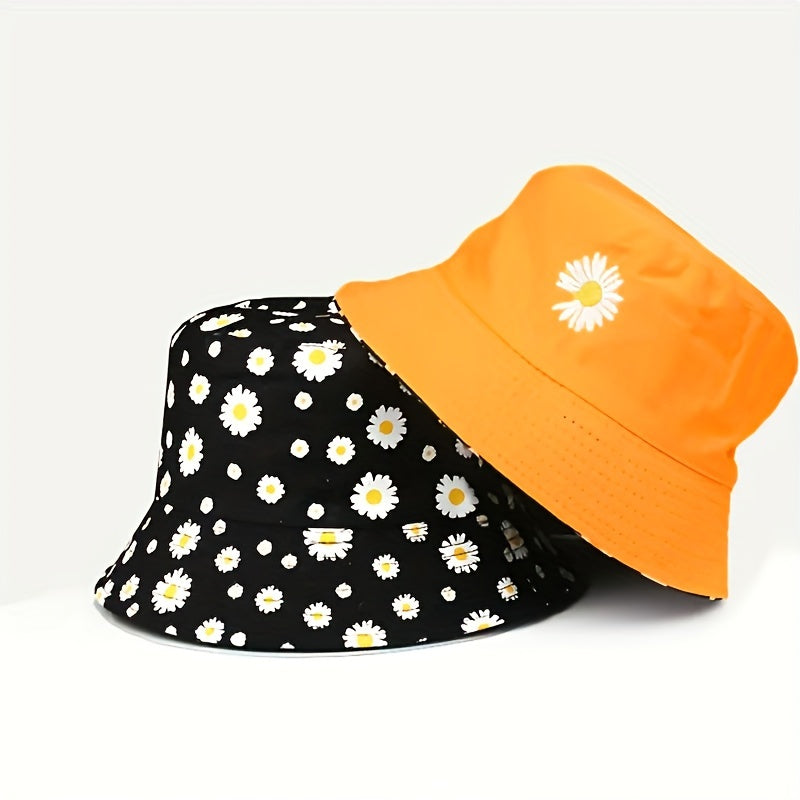 Daisy Graphic Reversible Bucket Hat Black Trendy Breathable Basin Hats Lightweight Sunscreen Fisherman Cap For Women daily use