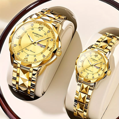2pcs Couple Watch BANBONY Brand Trendy Fashion Men's and Women's Quartz Watch Stainless Steel Strap with Rhinestone Luminous High-definition Disc Waterproof Night Light Display Week Calendar Display Wristwatch Holiday Gift fo