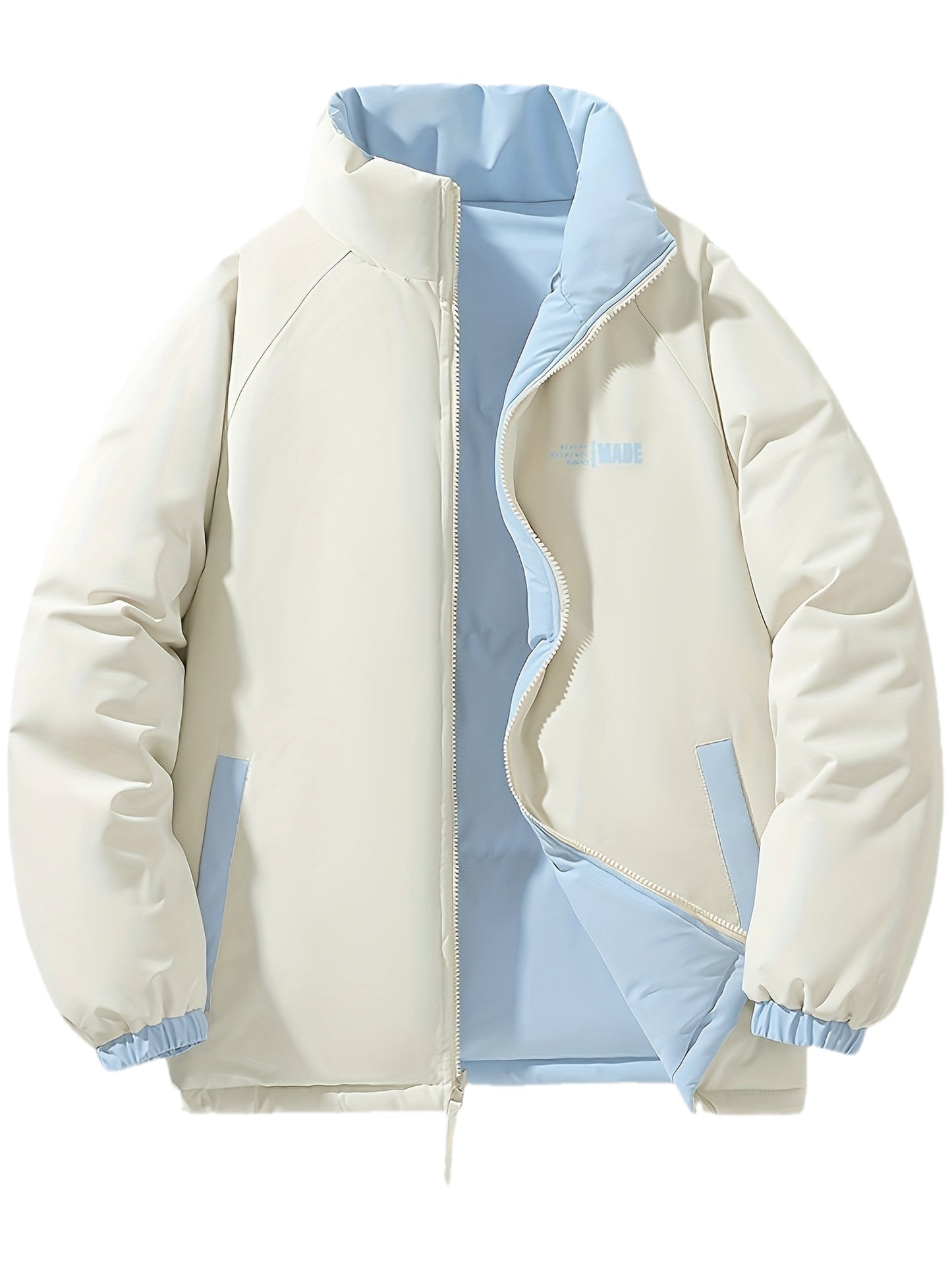 Տղամարդու երկկողմանի ձմեռային բաճկոն՝ հաստացված, կանգուն օձիքով, կայծակաճարմանդով և «MADEASURABLE» և «I CONUT» գրությամբ, սև և սպիտակ, սովորական չափսի՝ աշնանային և ձմռան համար, աշնանային վերնազգեստ, համարձակ գրություն, դիմացկուն գործվածք