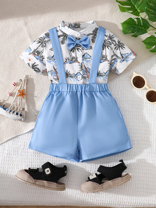 Baby Boy Summer Outfit Set Blue Overalls & Palm Print Shirt - ayq