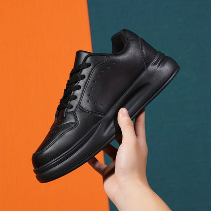 Men's Trendy White Skate Sneakers - Comfortable, Breathable, All-Season Low-Top Lace-Up Shoes with Thick Sole, PU Upper & Mesh Lining for Casual Streetwear
