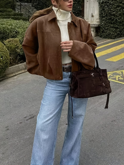 Կանացի վինտաժային բոմբեր բաճկոն - ազատ չափի երկար թևքով, կայծակաճարմանդով և իջեցված ուսերով, շագանակագույն առօրյա վերնազգեստ աշուն/ձմեռ համար, չձգվող գործվածք, իդեալական է առօրյա հագուստի համար, աշուն-ձմեռ բաճկոն | Վինտաժային բոմբեր ոճ | Zipp