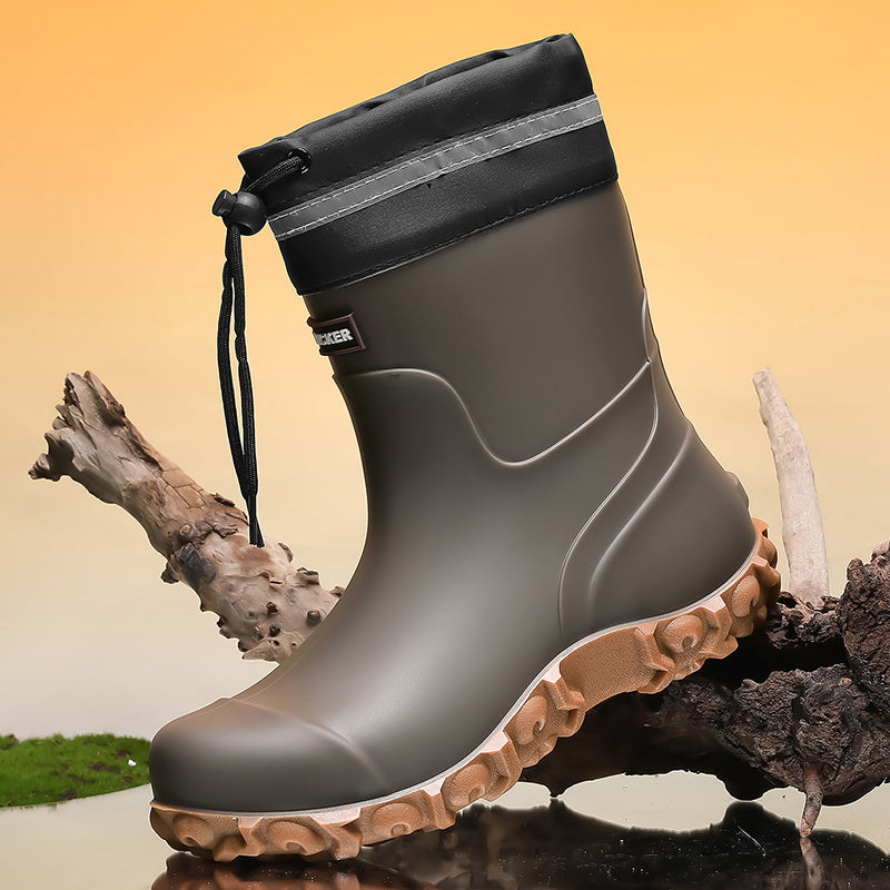 Men's Waterproof PU Rain Boots with Fleece Lining, Mid-Calf