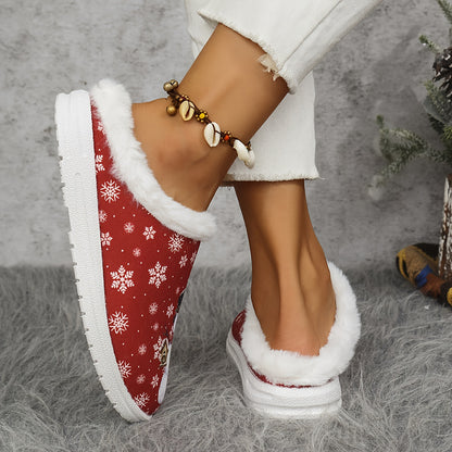 Women's Winter Plush Slip-On Moccasin Slippers with Faux Fur Trim - Red & White Snowflake & Hearts Design, Soft PU Sole & Cozy Lining, Red/White/ Color Options, Casual Winter Shoes for Indoor/ Use, Hand Washable (Ideal for Ch
