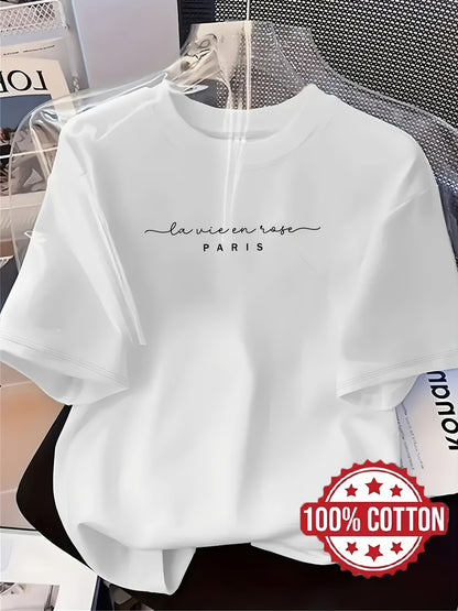Women's Casual Paris Letter Cotton T-Shirt Crew Neck