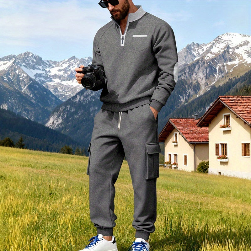 Men's New Product: Men's Casual Sportswear Set for Outdoor Workwear and Daily Commuting, Fashionable Hoodless Sweatshirt with Lining and Extra Thickness, Suitable for Outdoor Walks