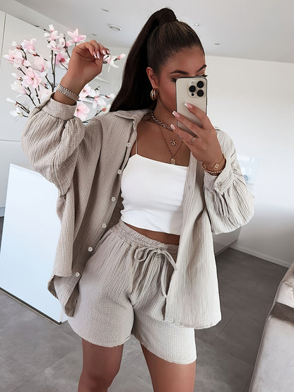 Women's Cotton Cardigan & Shorts Set Casual Long Sleeve
