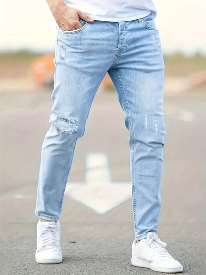 Men's Slim Fit Stretch Denim Jeans - Casual, Breathable & Machine Washable with Ripped Detail
