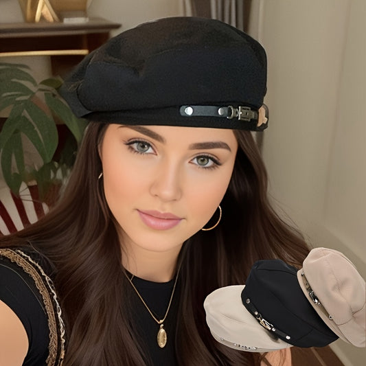1pc Vintage Belt Decor Beret Hat for Women, Classic Solid Color Painter Cap, Lightweight Polyester Fiber 100%, Non-Stretch, Woven Craftsmanship, with Drawstring Closure, for Valentine'S Day - Hand Wash or Dry Clean