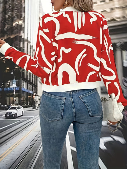 Կանացի ոճային սև-սպիտակ աբստրակտ նախշերով կայծակաճարմանդով կարդիգան բաճկոն - երկար թևքերով առօրյա սվիտեր գոտիով, բոլոր եղանակների համար, առօրյա հագուստի բաճկոն | Ժամանակակից առօրյա բաճկոն | կայծակաճարմանդով բաճկոն