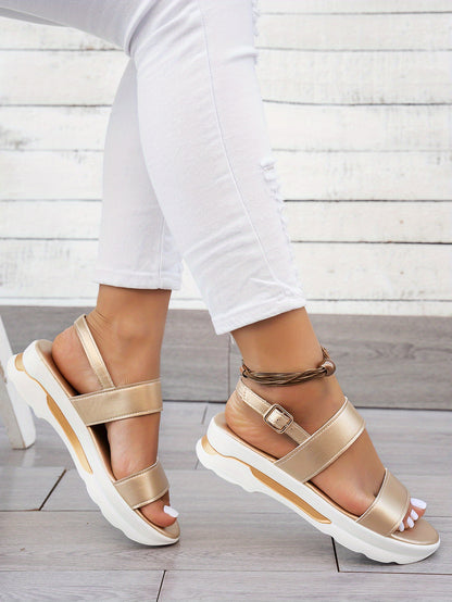 Mhysa Women's Comfortable Open-Toe Platform Sandals with Thick Sole & Golden Buckle Strap - Summer Casual White PU Cover Ankle Strap Sandals for Casual Attire, Ladies Sandals