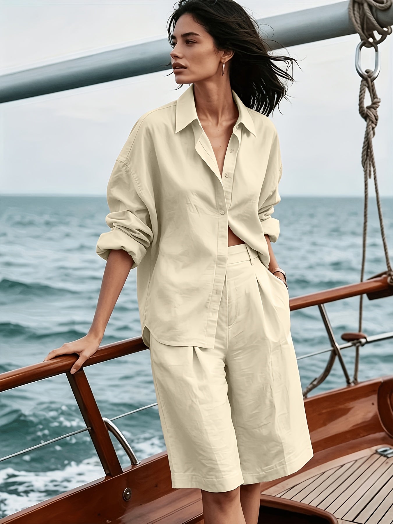 Women's Casual Polyester Button-Down Shirt & Shorts Set