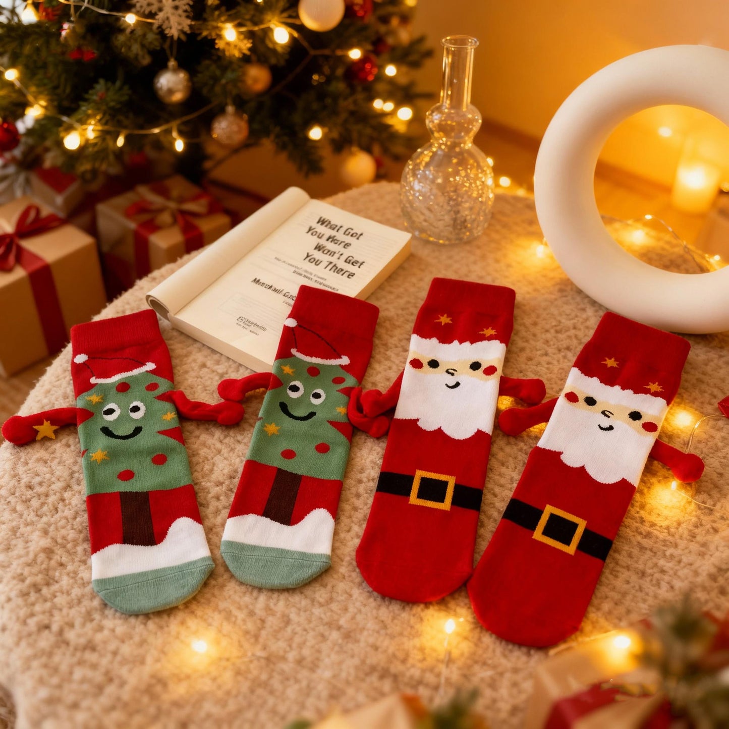 2-Pack Christmas Magnetic Holding Socks Women's Mid-Calf Socks(Tree, Santa) Winter Cute Couple Socks Unisex Meets Xmas, Halloween wear, warmth& gifting needs Magnetic, versatile Suitable for Xmas costumes, Halloween looks, wi