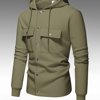 Men's Heavy-Duty Hooded Sweatshirt with Full-Zip Front & Utility Pockets - Olive Green Tactical-Style Outdoor Jacket, Long Sleeve Casual Pullover for Hiking, Camping, Casual Attire - Spring/Fall Layering Essential (Regular Fi