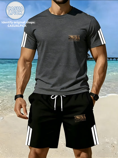 Men's Casual Short-Sleeve Top and Shorts Set with Print